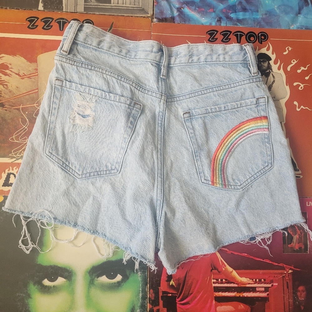 Pacsun Blue Ultra High Rise Vintage Cut Off Rainbow Acid Wash Shorts Size 26